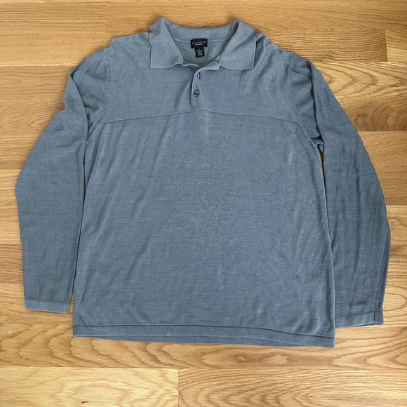 Reunion Mens Sweater Polo Style Gray Silk Button Collar Size L - Picture 1 of 7